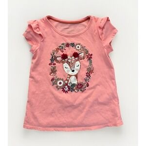 Cinthya R. Girls Pink Fox Sequin Graphic T-Shirt Floral Short Sleeve 5T Summer
